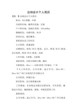 出纳会计个人简历