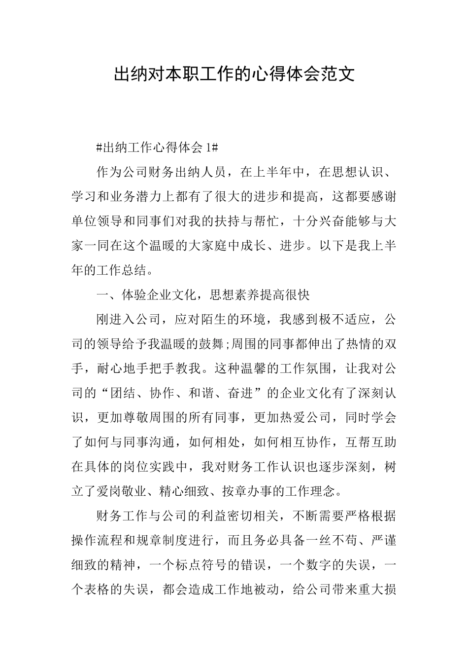 出纳对本职工作的心得体会范文_第1页