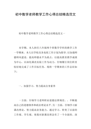 初中数学教师教学工作心得总结精选范文