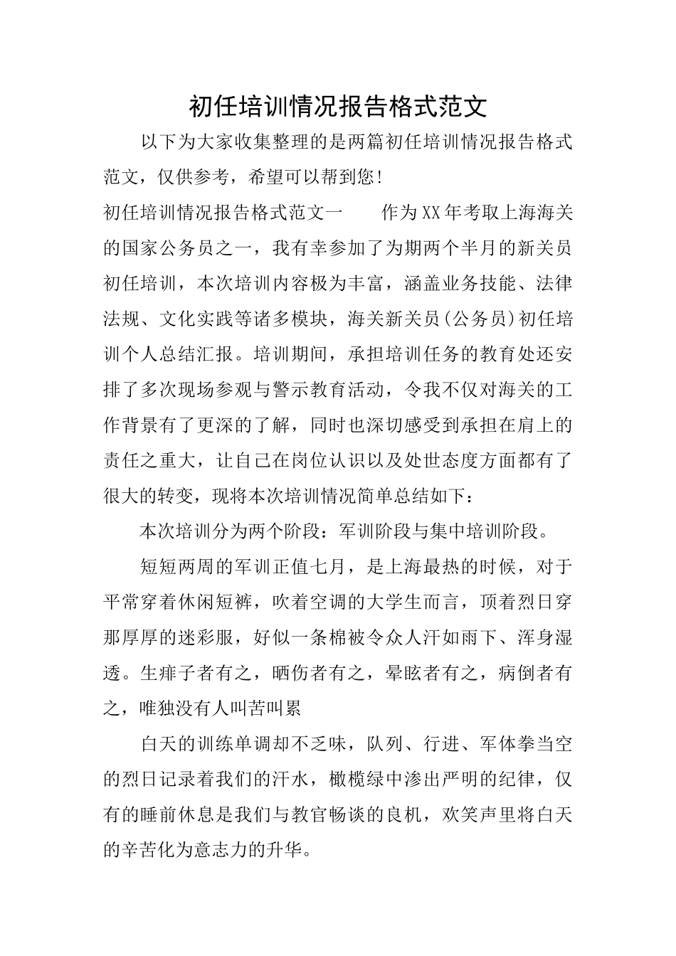 初任培训情况报告格式范文_第1页