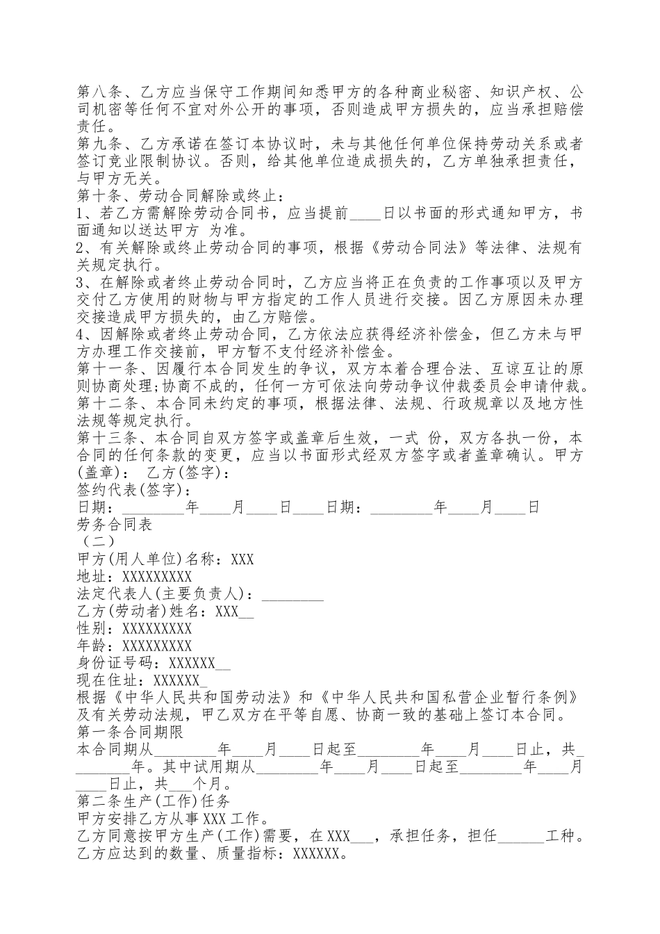 劳务合同表精选——范本_第2页