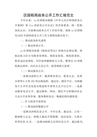 区国税局政务公开工作汇报范文