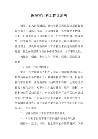 医院审计科工作计划书