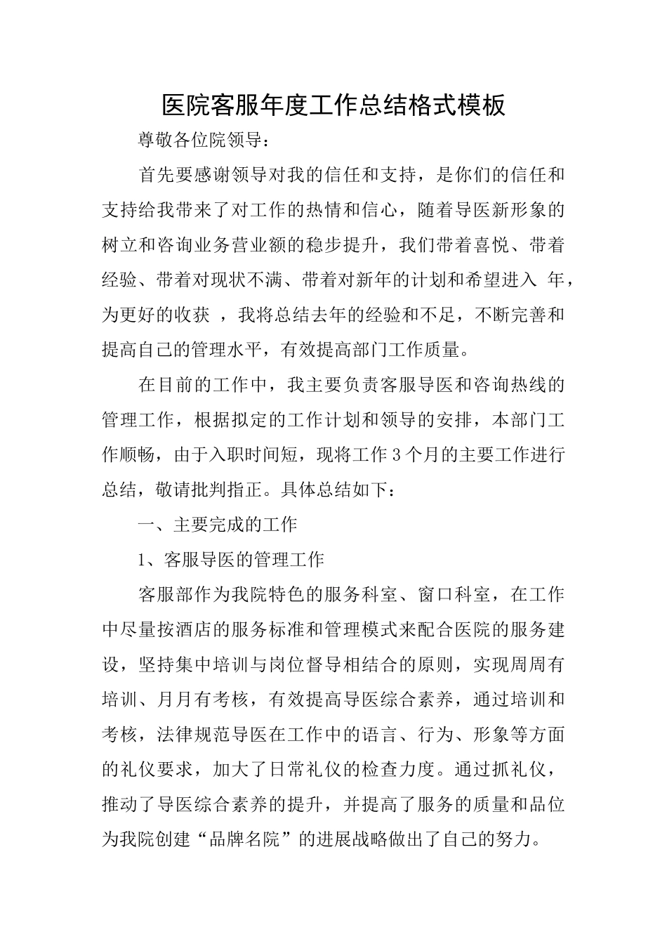 医院客服年度工作总结格式模板_第1页
