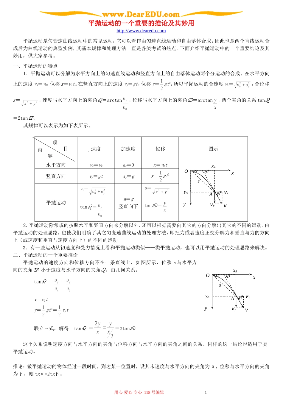 平抛运动的一个重要的推论及其妙用 新课标 人教版_第1页