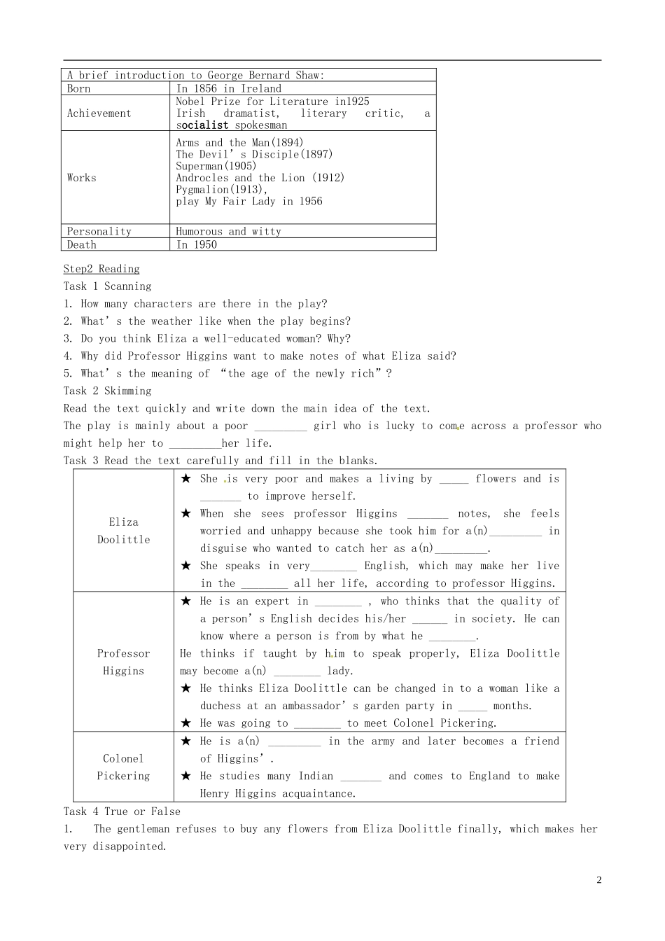 山西阳泉市教研室高中英语 Unit 4 Pygmalion导学案 新人教版选修8_第2页