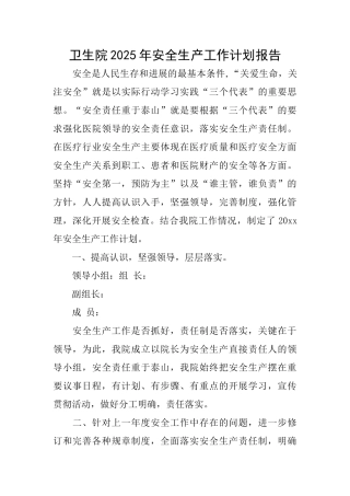 卫生院2025年安全生产工作计划报告