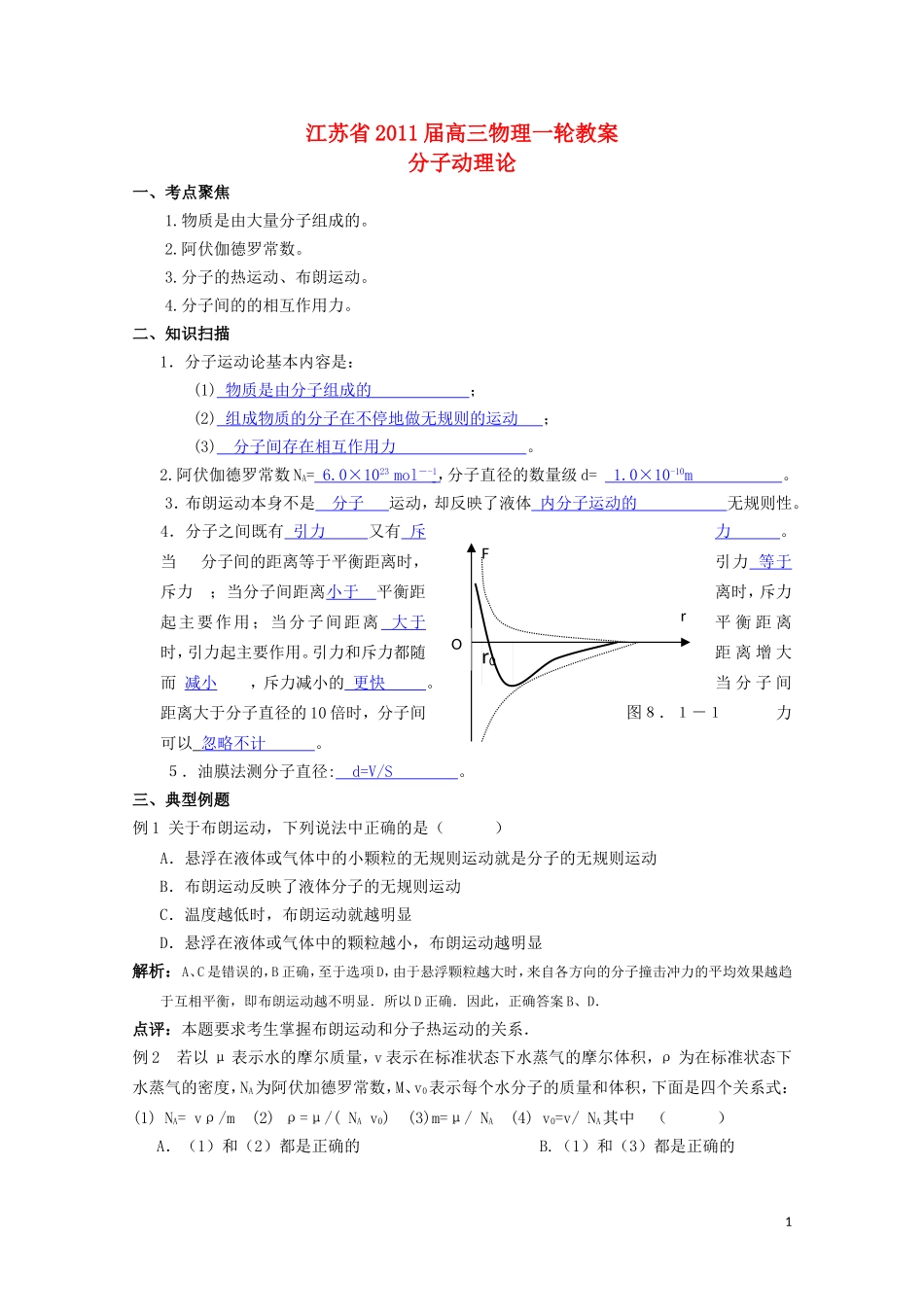 江苏2011届高三一轮教案物理：分子动理论 新人教版_第1页