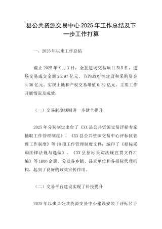 县公共资源交易中心2025年工作总结及下一步工作打算