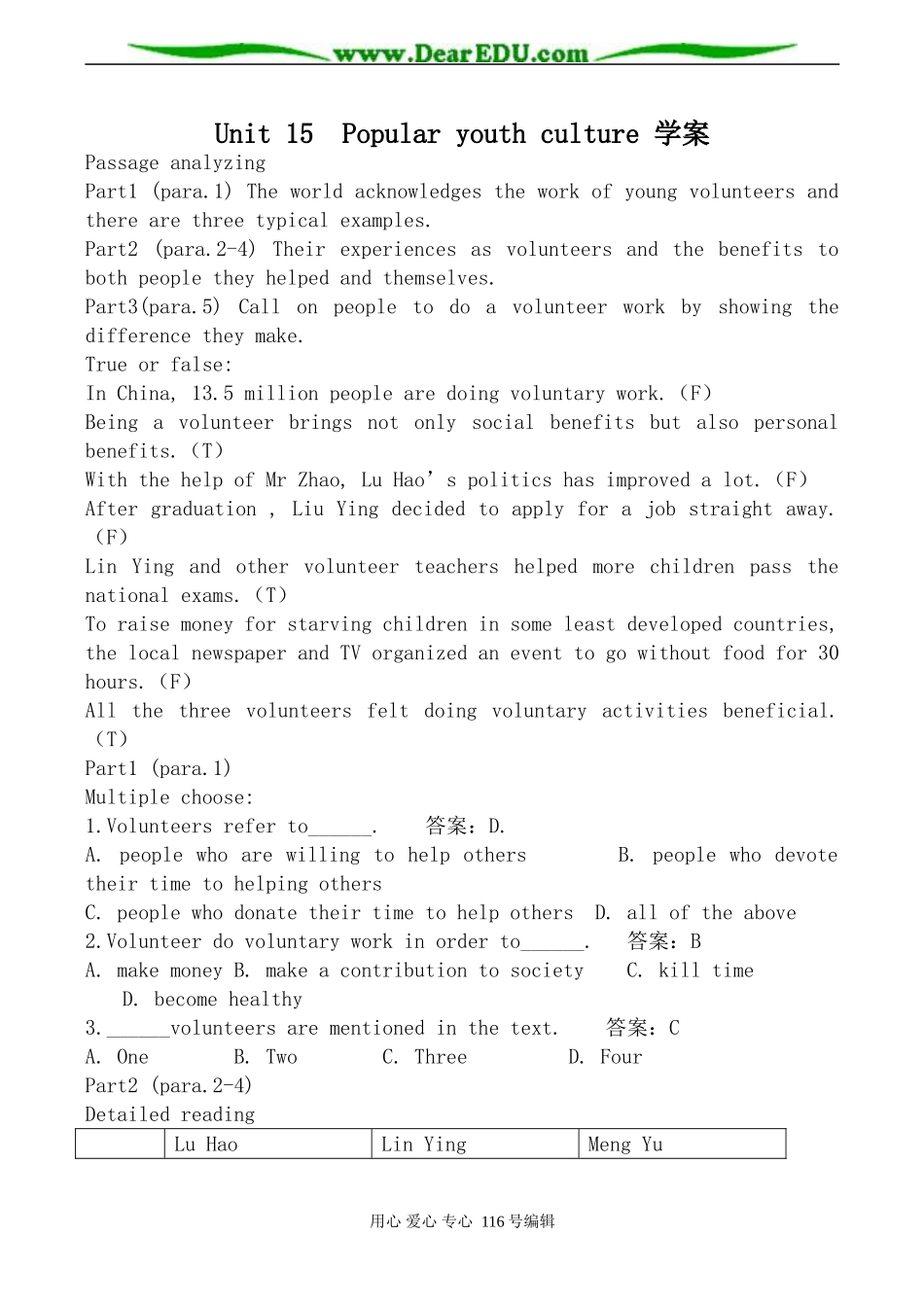 旧人教版第三册高中英语 Unit15  Popular youth culture 学案_第1页