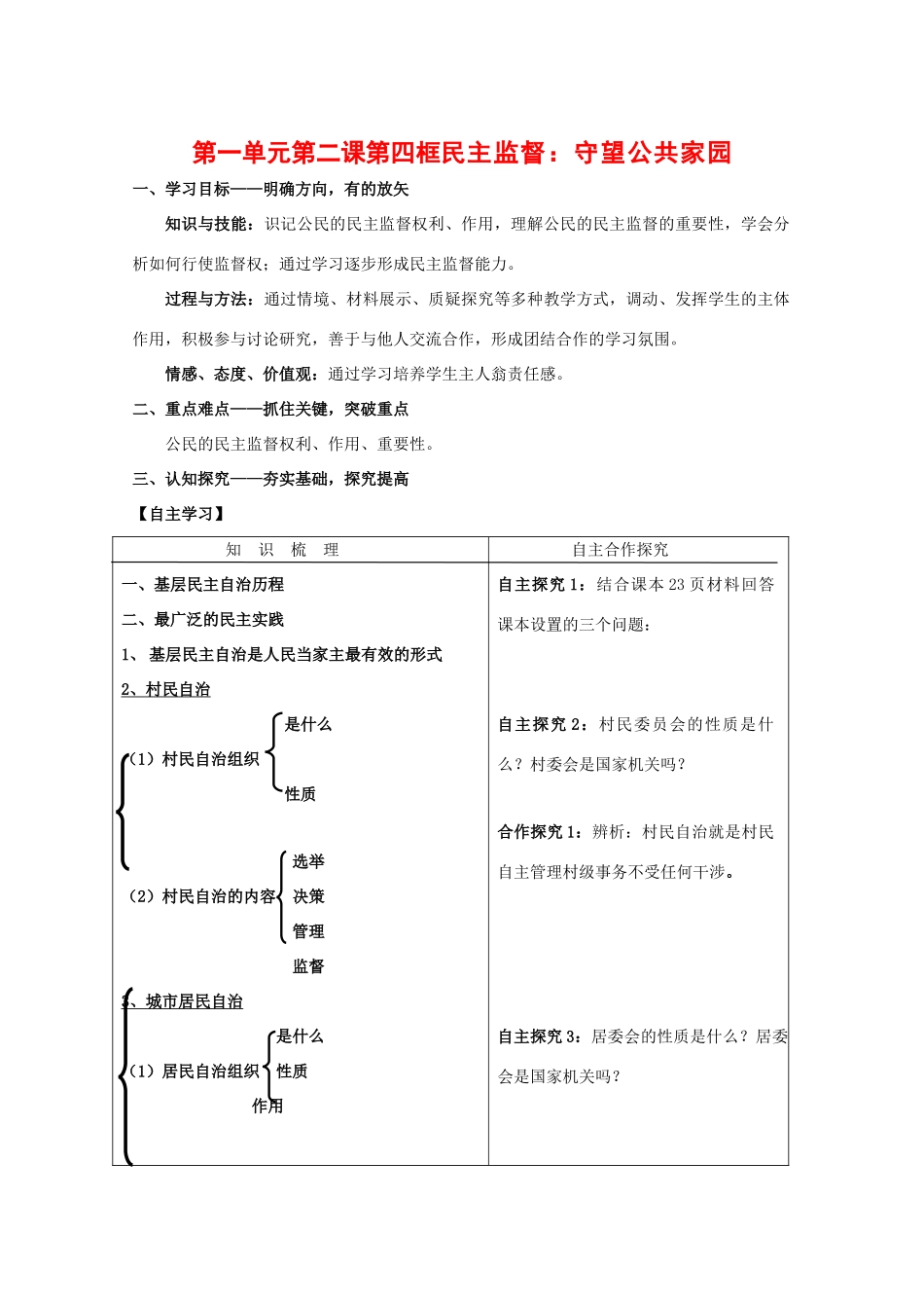 政治：1.2.4《民主监督：守望公共家园》学案（新人教版必修2）_第1页