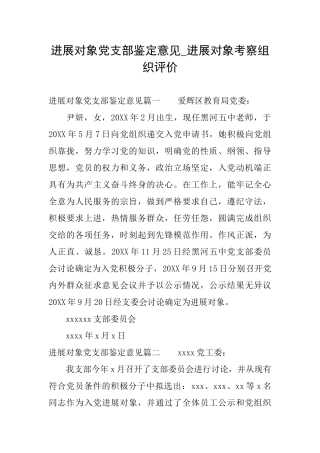 发展对象党支部鉴定意见发展对象考察组织评价