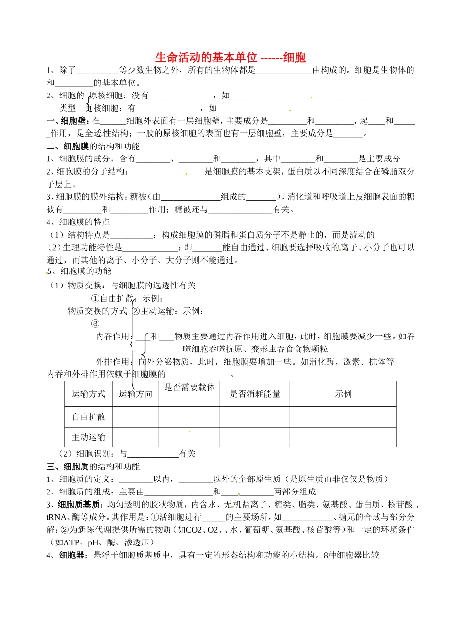 旧体系2010届高三生物二轮复习学案——第3讲 生命活动的基本单位_第1页