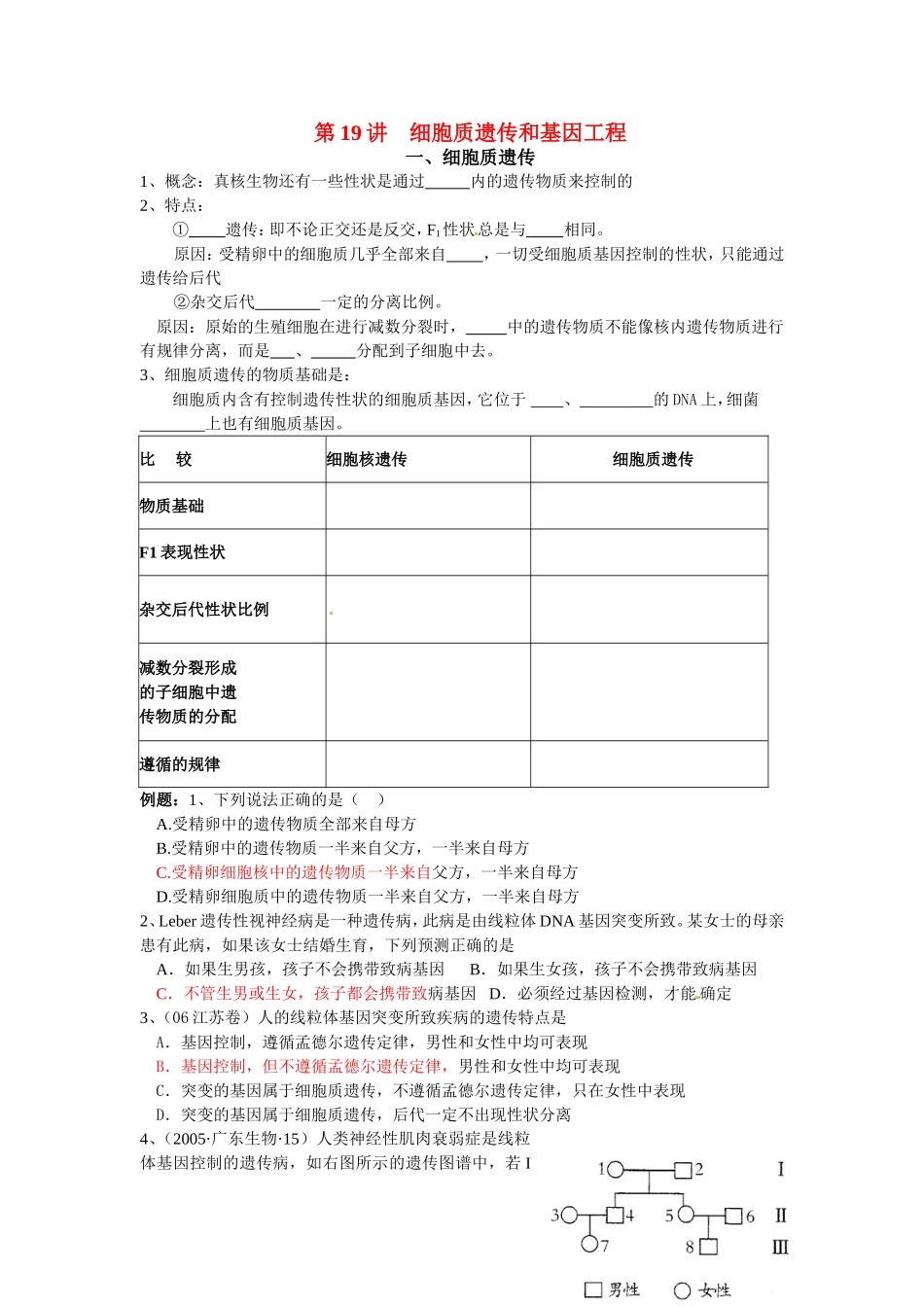 旧体系2010届高三生物二轮复习学案——第19讲 细胞质遗传和基因工程_第1页