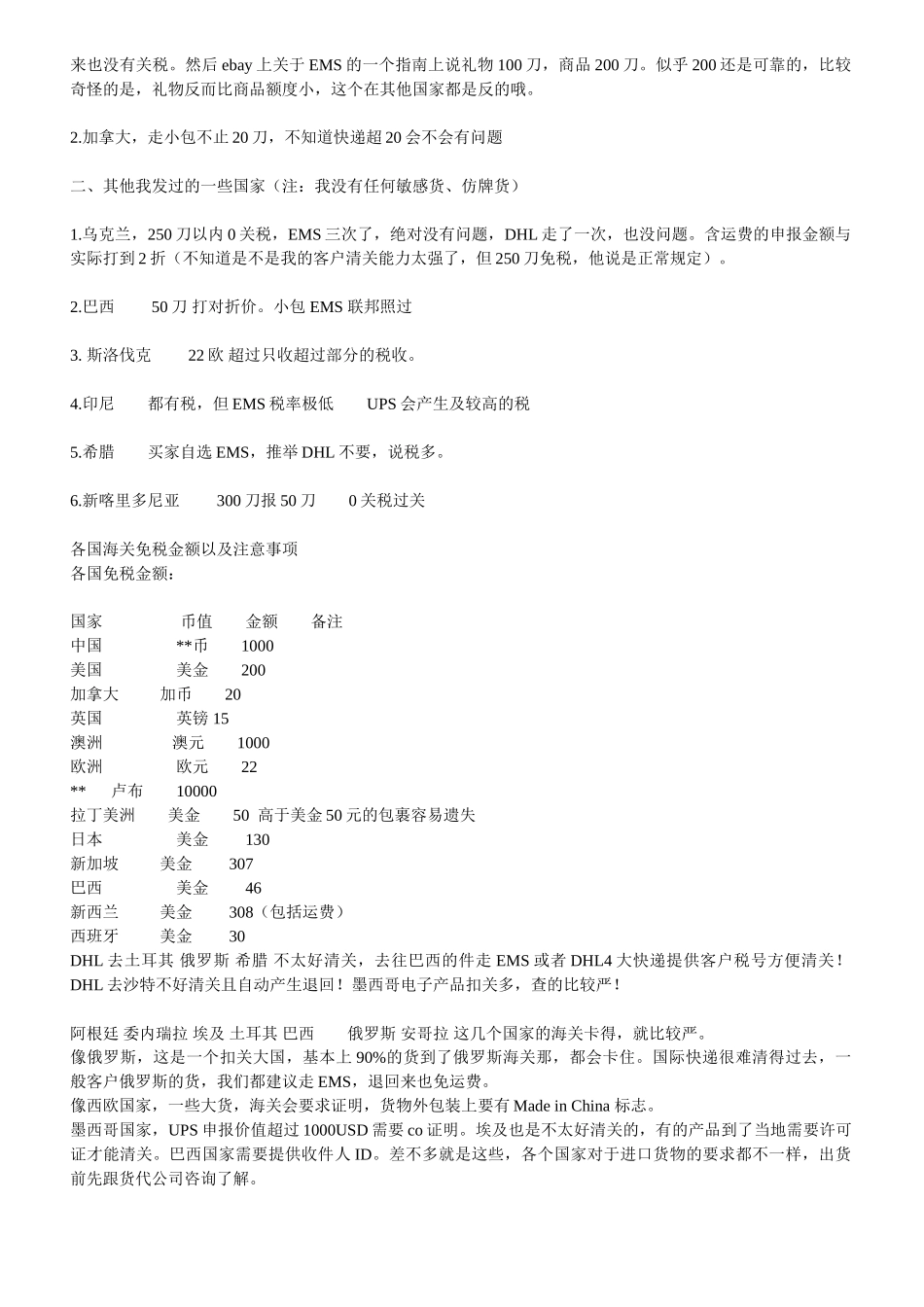 各国包裹通关最低免税申报金额_第2页