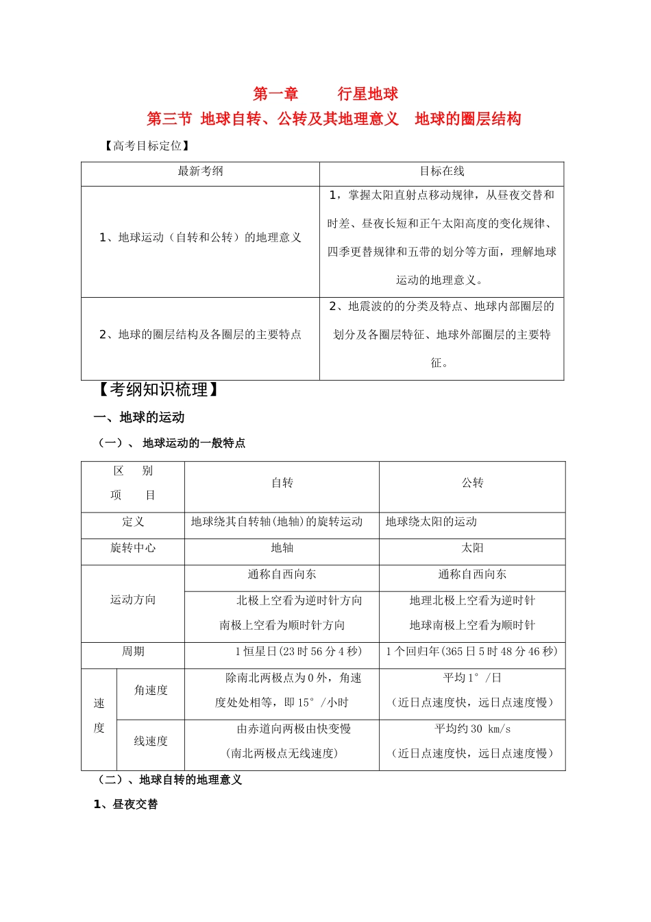 新疆2011年高考地理一轮复习 1.1.2地球自转和公转的地理意义及地球的圈层结构精品学案 新人教版必修1_第1页