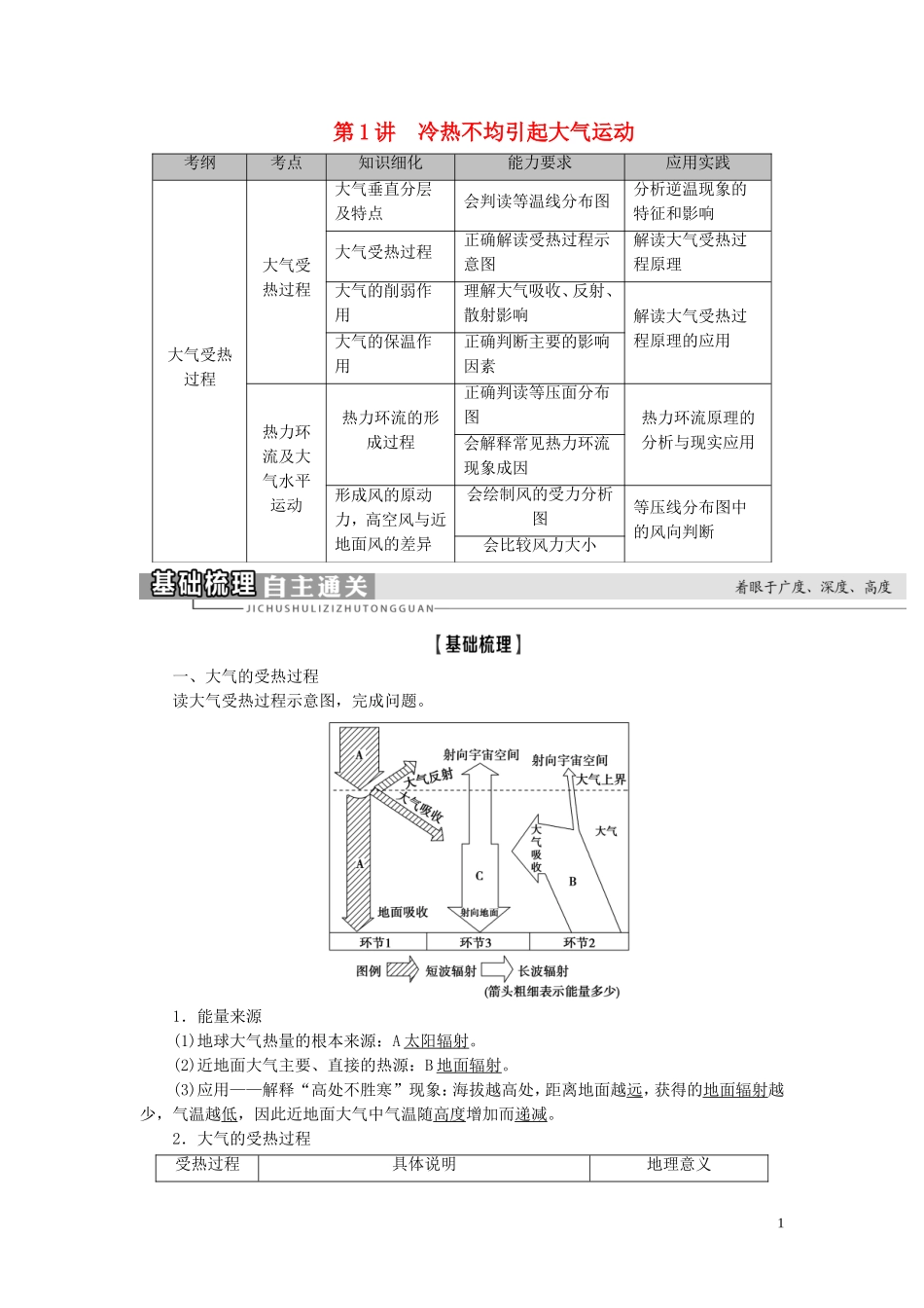 新高考地理一轮复习 第1部分 第2章 地球上的大气 第1讲 冷热不均引起大气运动教学案 新人教版-新人教版高三全册地理教学案_第1页