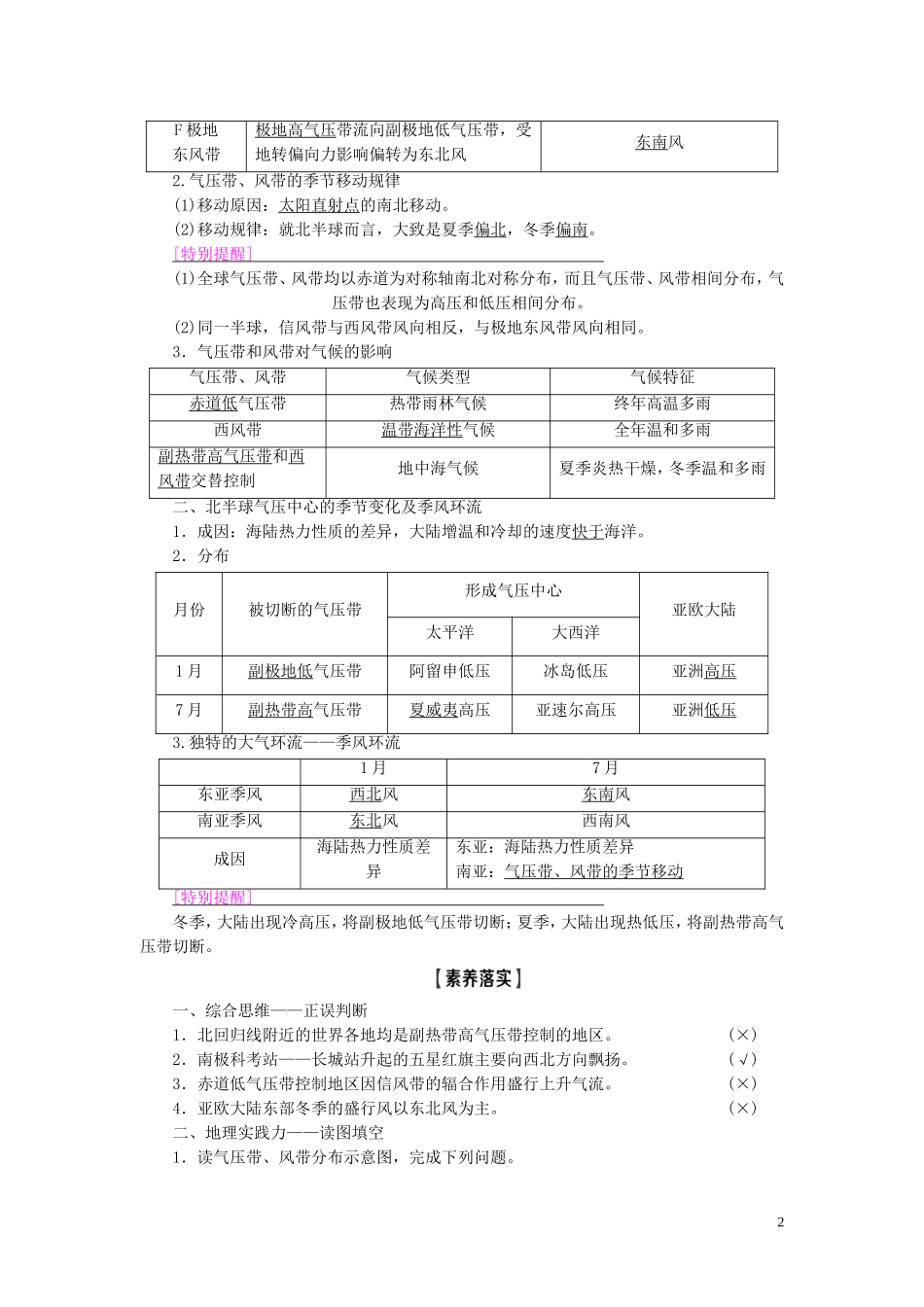 新高考地理一轮复习 第1部分 第2章 地球上的大气 第2讲 气压带和风带教学案 新人教版-新人教版高三全册地理教学案_第2页