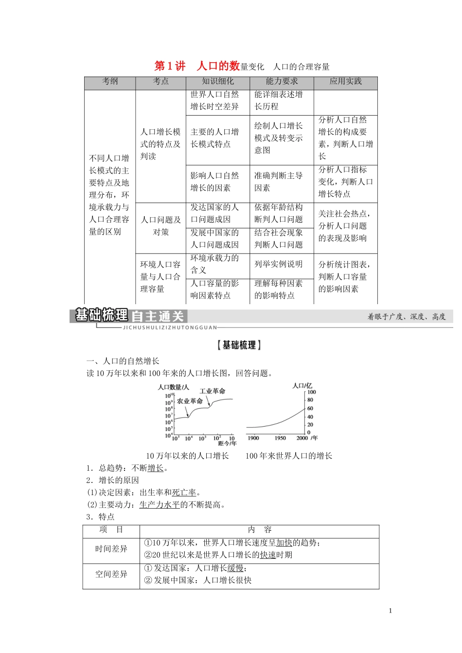 新高考地理一轮复习 第2部分 第6章 人口的变化 第1讲 人口的数量变化 人口的合理容量教学案 新人教版-新人教版高三全册地理教学案_第1页