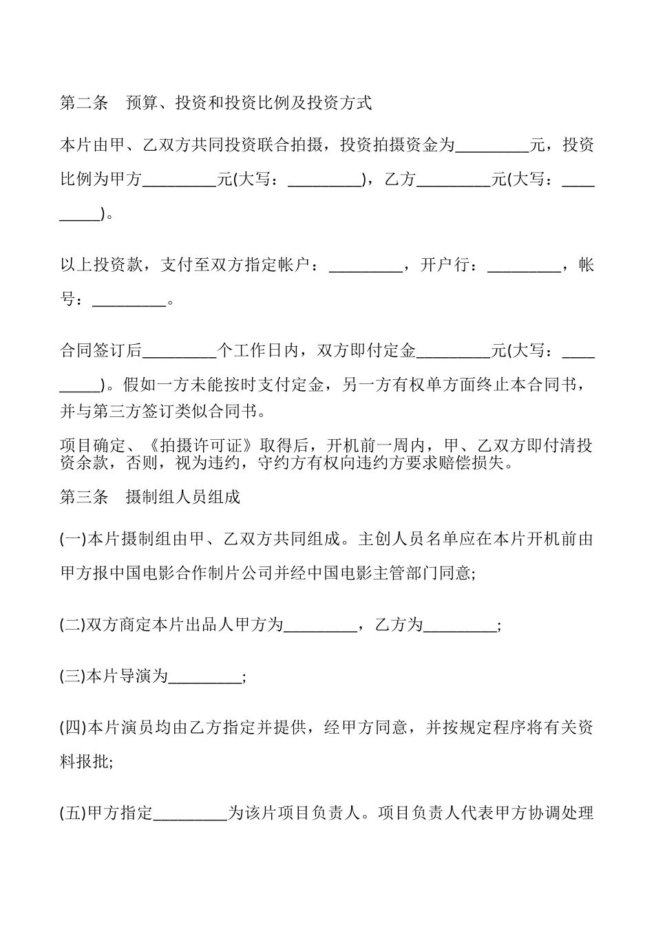 合作拍摄电影合同书模板_第2页