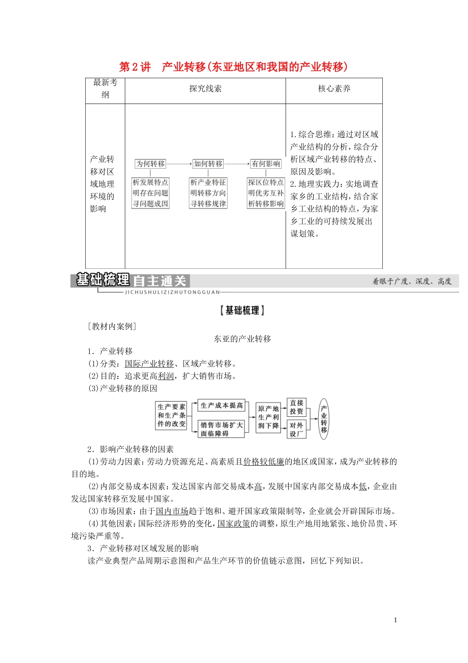 新高考地理一轮复习 第3部分 第16章 区际联系与区域协调发展 第2讲 产业转移（东亚地区和我国的产业转移）教学案 新人教版-新人教版高三全册地理教学案_第1页