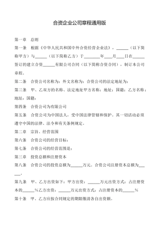 合资企业公司章程通用版