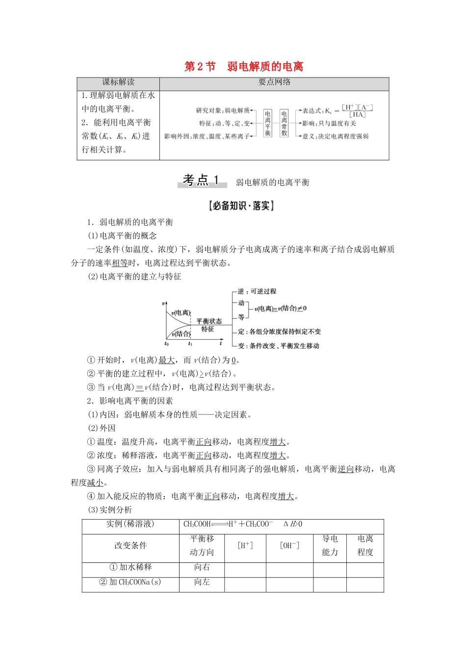 新高考化学一轮复习 第7章 物质在水溶液中的行为 第2节 弱电解质的电离教学案 鲁科版-鲁科版高三全册化学教学案_第1页