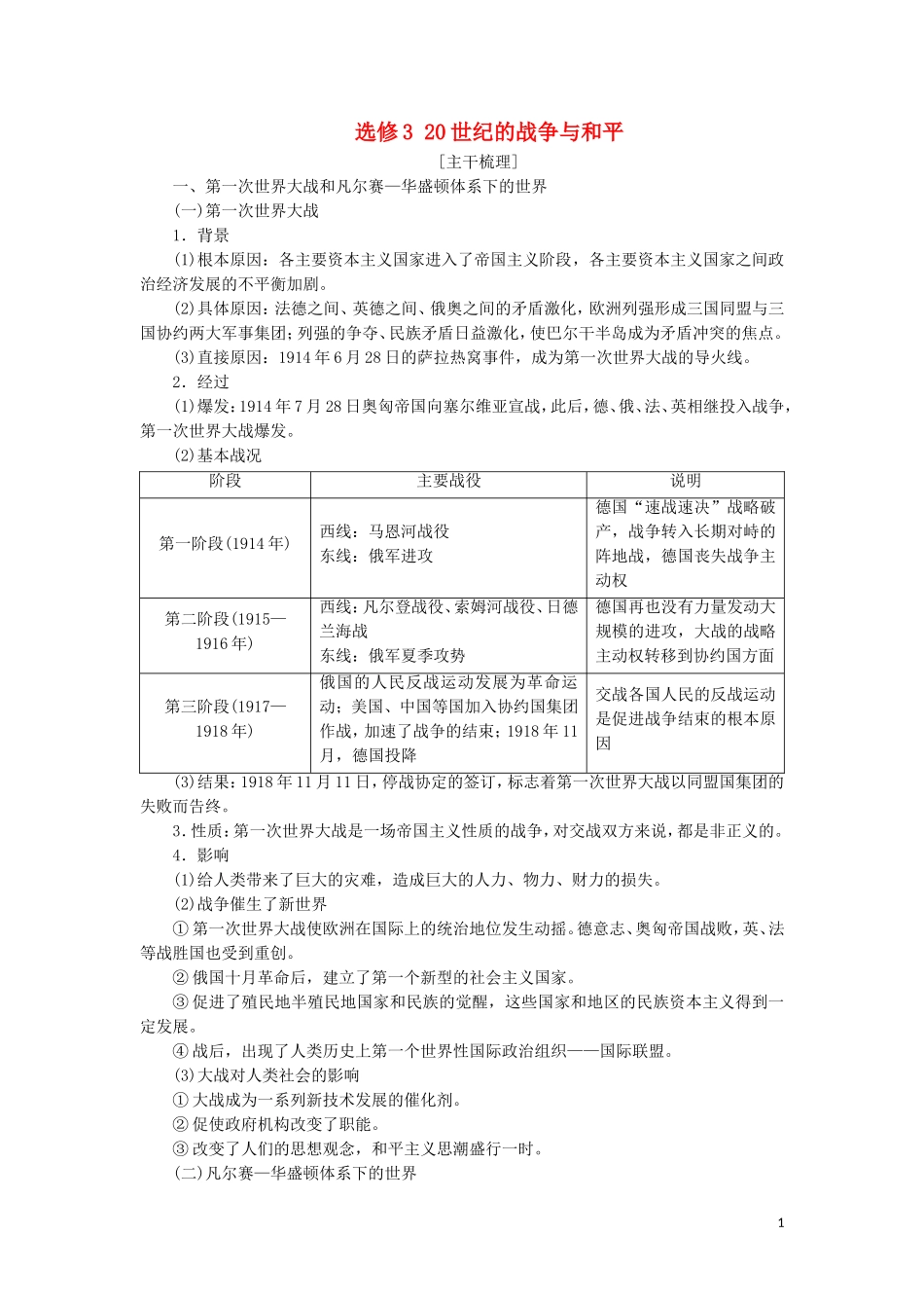 新高考历史一轮总复习 选修模块 选修3 20世纪的战争与和平教学案 岳麓版-岳麓版高三选修3历史教学案_第1页