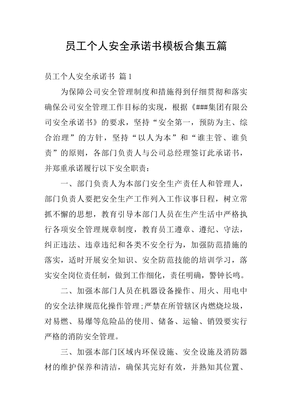 员工个人安全承诺书模板合集五篇_第1页