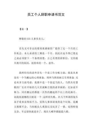 员工个人辞职申请书范文