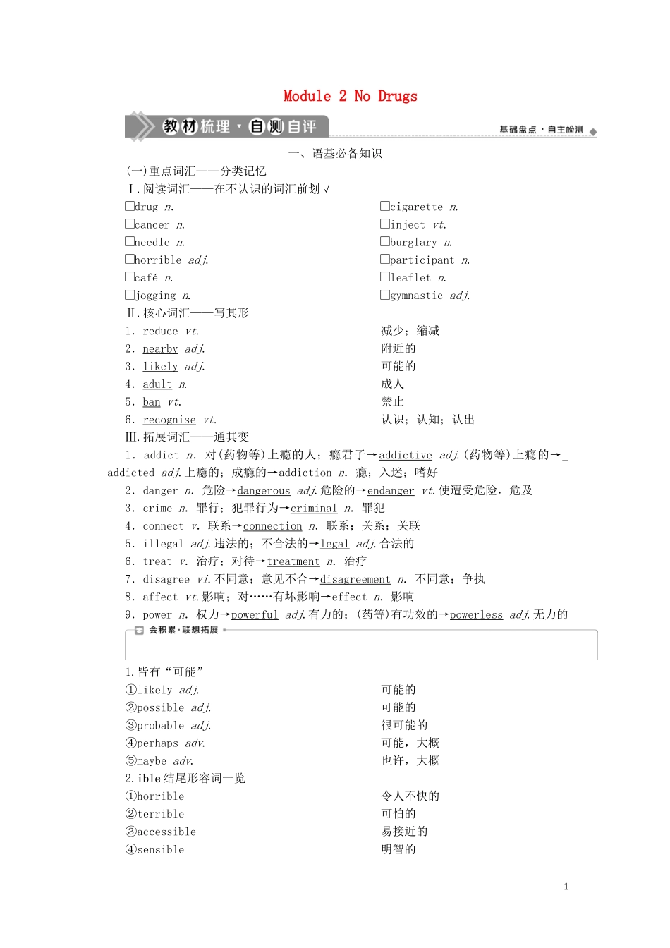 新高考英语一轮复习 Module 2 No Drugs学案 外研版必修2-外研版高三必修2英语学案_第1页