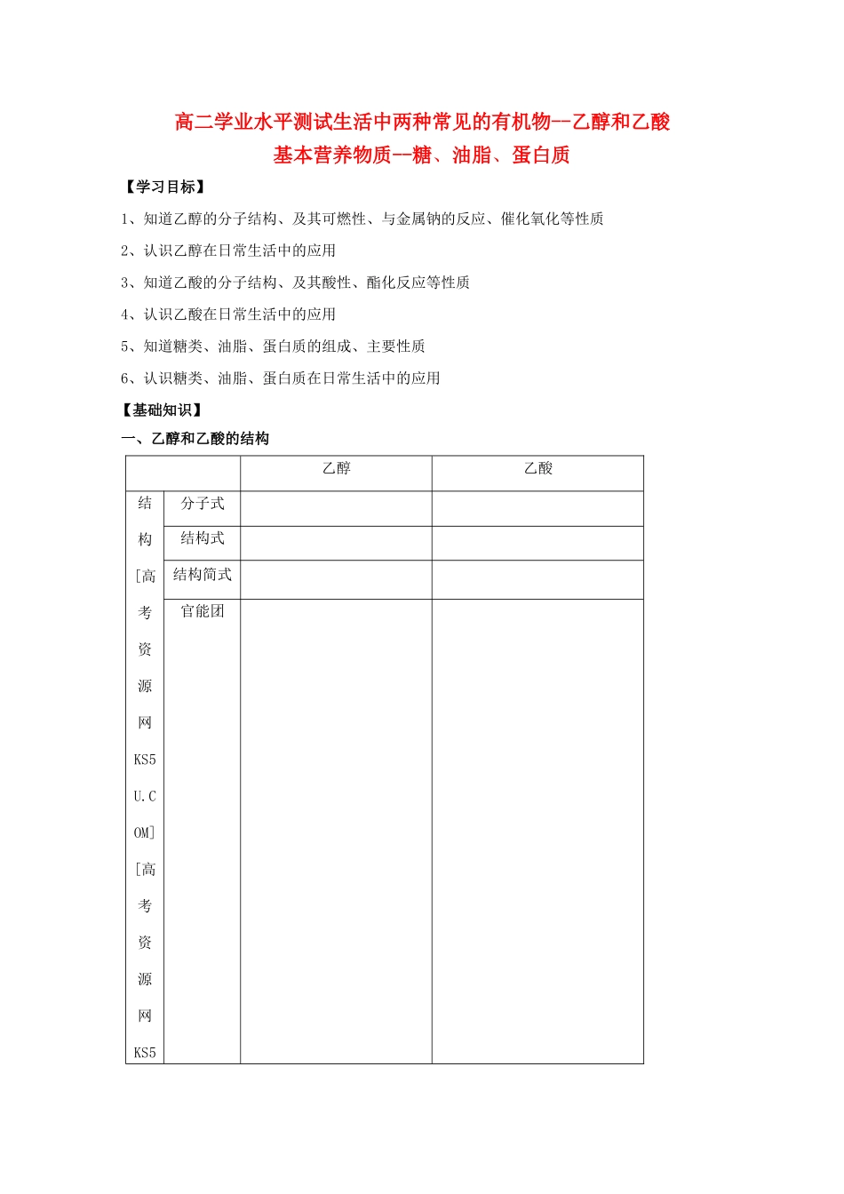 江苏省2012高二化学 19乙醇与乙酸学业水平复习学案_第1页