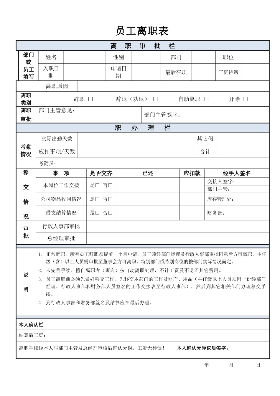 员工离职表模板word格式文档模板_第1页