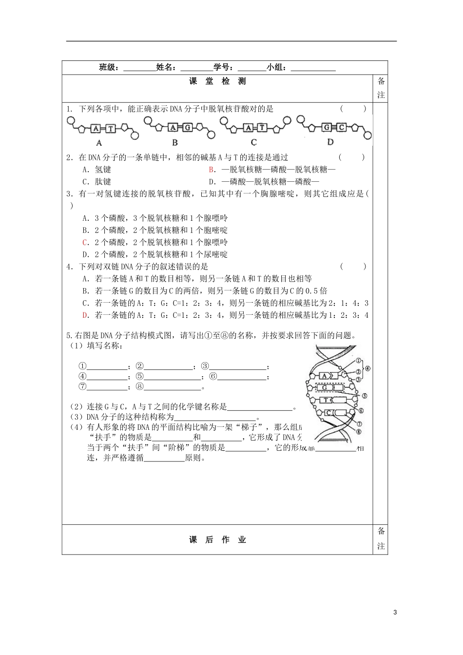 江苏省2013-2014学年高中生物 4.2 DNA的结构和DNA的复制-DNA的结构导学案 苏教版必修2_第3页