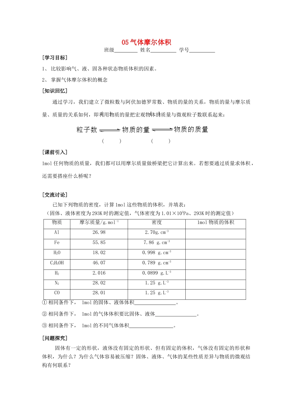 江苏淮阴中学2012年高中化学 《05气体摩尔体积》学案 苏教版必修1  _第1页