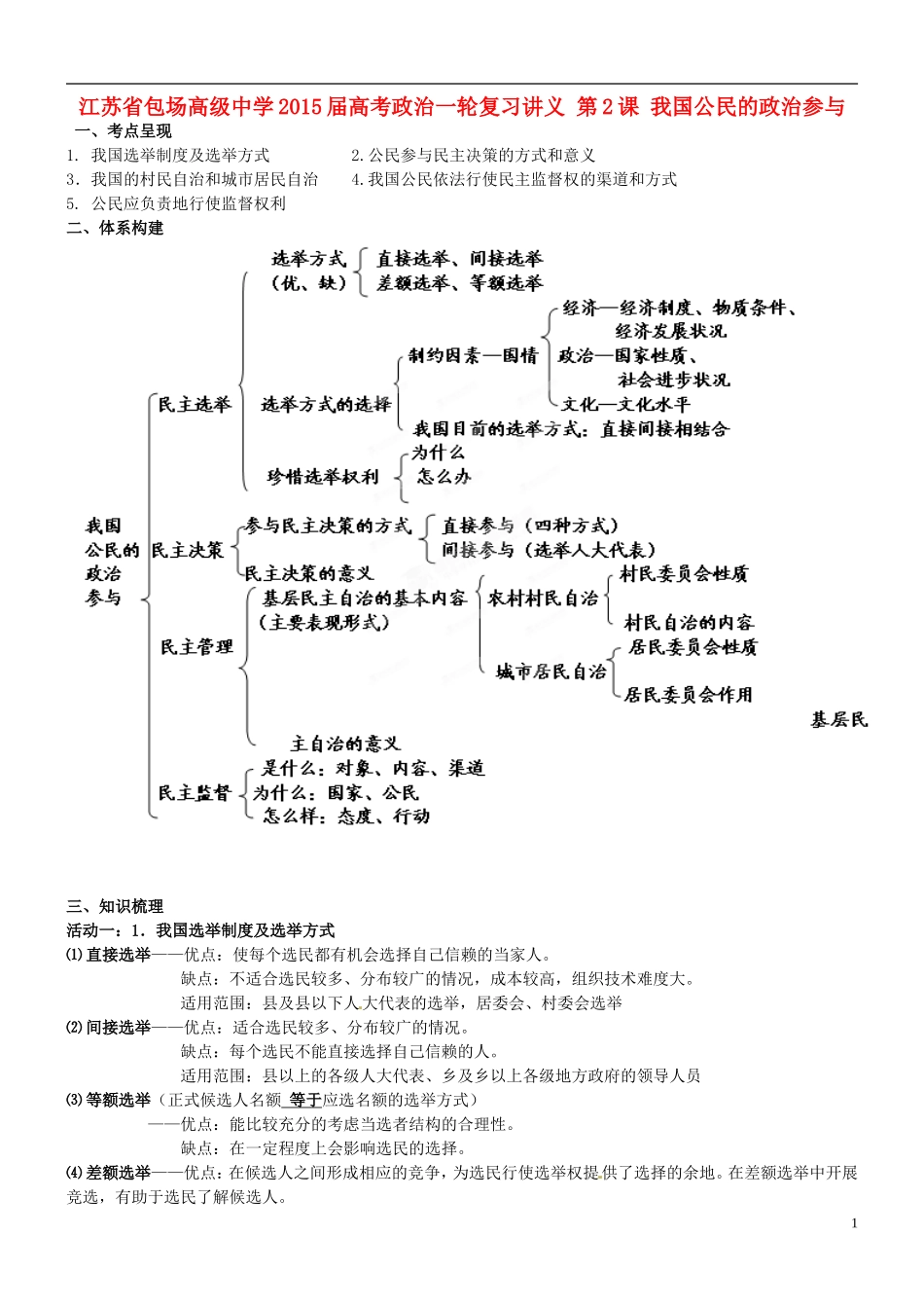 江苏省包场高级中学2015届高考政治一轮复习讲义 第2课 我国公民的政治参与_第1页
