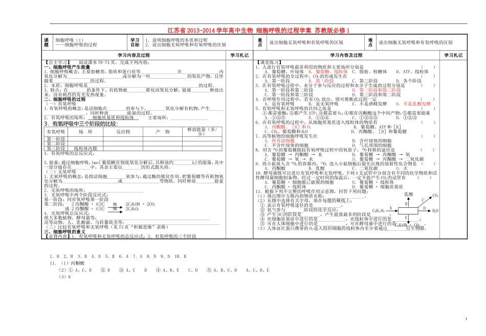 江苏省2013-2014学年高中生物 细胞呼吸的过程学案 苏教版必修1_第1页