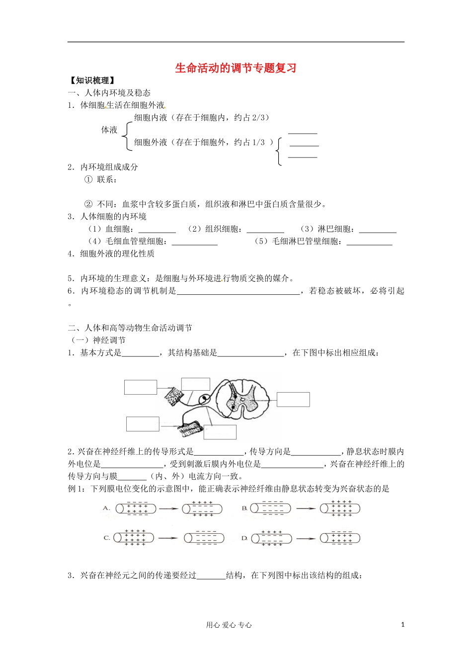 江苏省2013高二生物增效减负学案 生命活动的调节专题复习 必修3_第1页