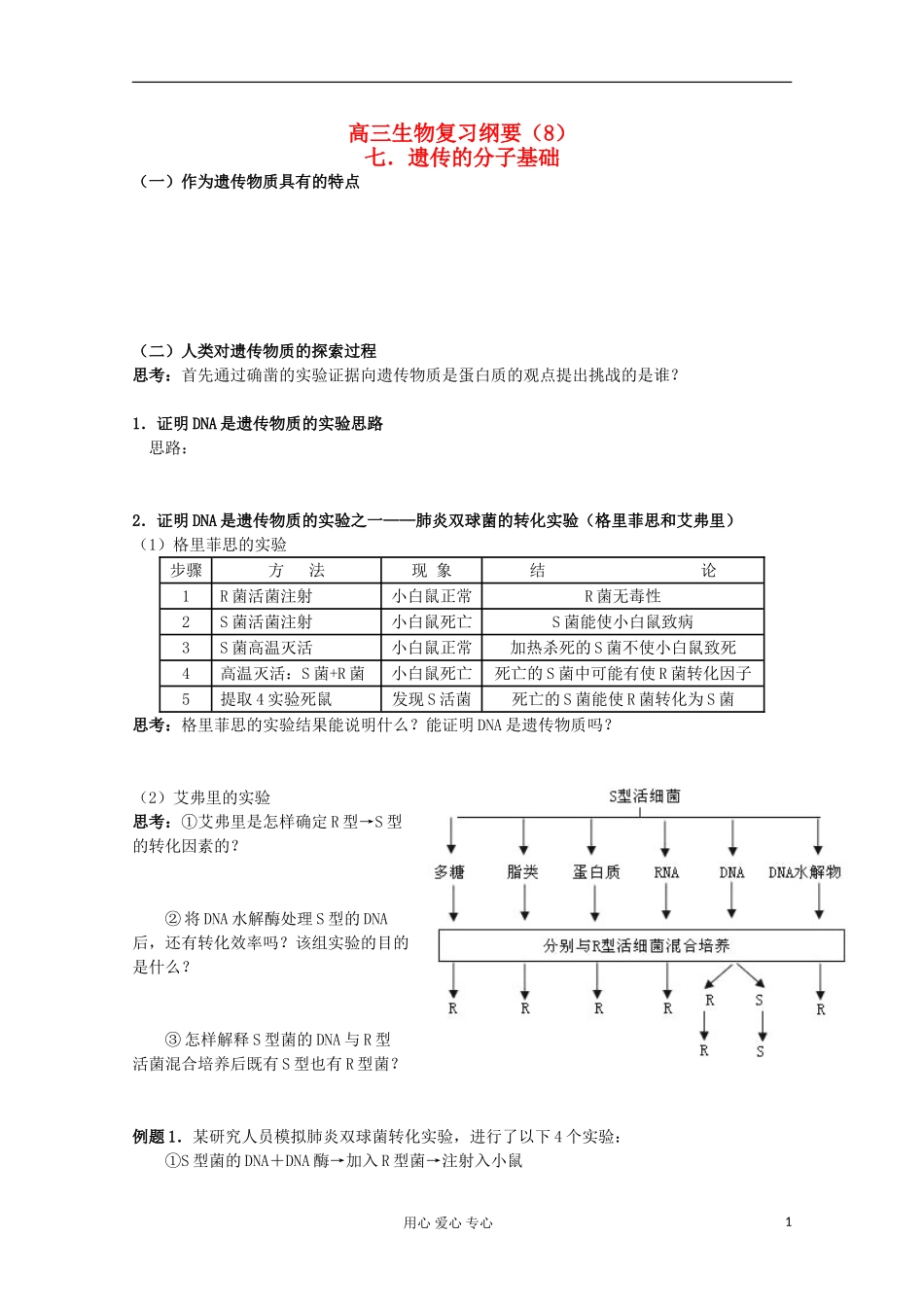 江苏省2013高二生物增效减负学案 遗传的分子基础复习纲要 必修3_第1页