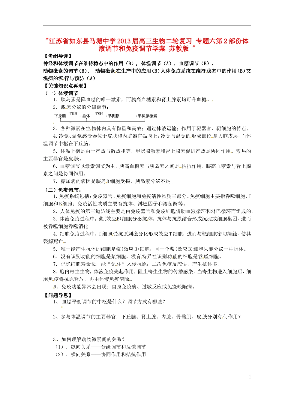 江苏省如东县马塘中学2013届高三生物二轮复习 专题六第2部份体液调节和免疫调节学案 苏教版 _第1页