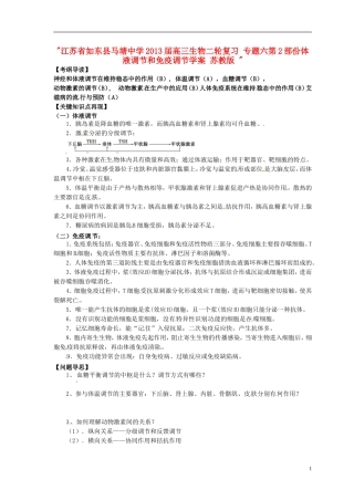 江苏省如东县马塘中学2013届高三生物二轮复习 专题六第2部份体液调节和免疫调节学案 苏教版 