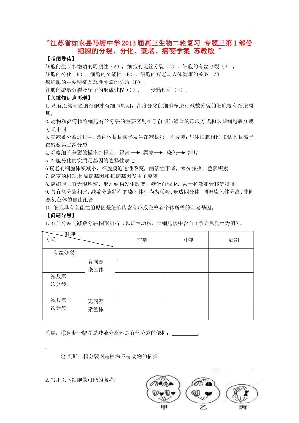 江苏省如东县马塘中学2013届高三生物二轮复习 专题三第1部份细胞的分裂、分化、衰老、癌变学案 苏教版 _第1页