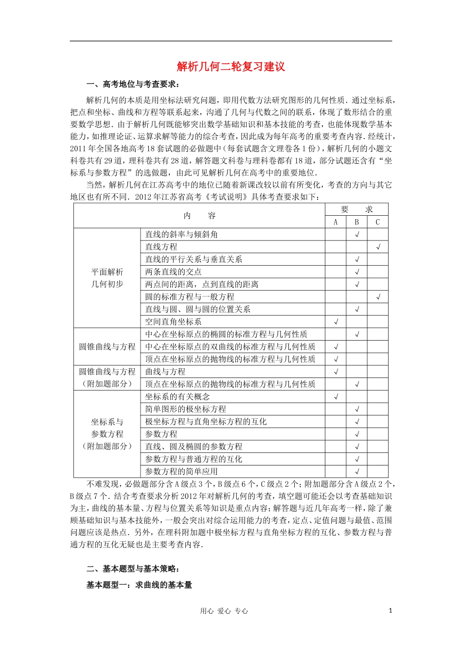 江苏省南京市2012届高三数学二轮复习讲座5 解析几何二轮复习建议_第1页