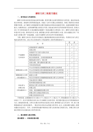 江苏省南京市2012届高三数学二轮复习讲座5 解析几何二轮复习建议
