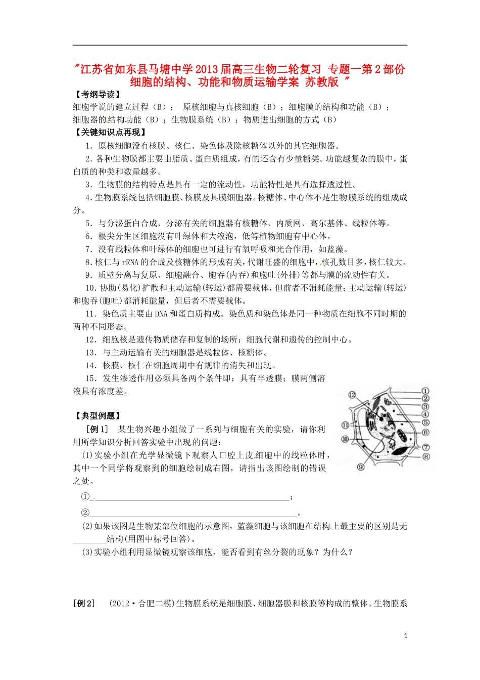 江苏省如东县马塘中学2013届高三生物二轮复习 专题一第2部份细胞的结构、功能和物质运输学案 苏教版 _第1页