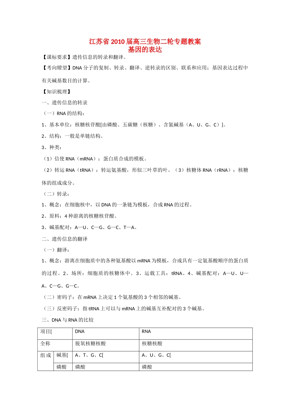 江苏省2010届高三生物二轮专题教案：基因的表达新人教版_第1页