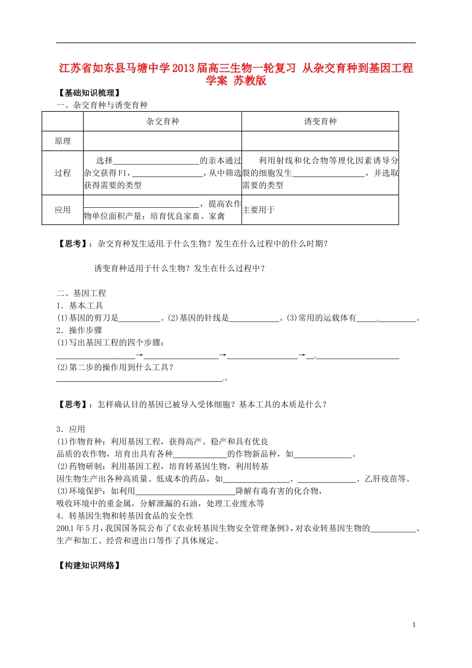 江苏省如东县马塘中学2013届高三生物一轮复习 从杂交育种到基因工程学案 苏教版_第1页