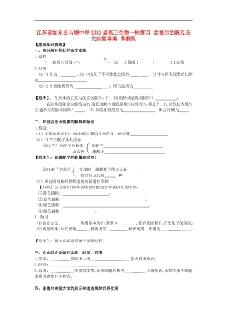 江苏省如东县马塘中学2013届高三生物一轮复习 孟德尔的豌豆杂交实验学案 苏教版