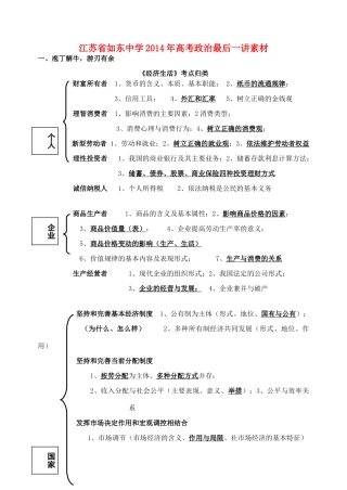 江苏省如东中学2014年高考政治最后一讲素材
