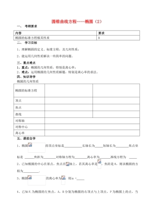 江苏省南京市东山外国语学校2015届高考数学一轮复习 椭圆（第2课时）导学案